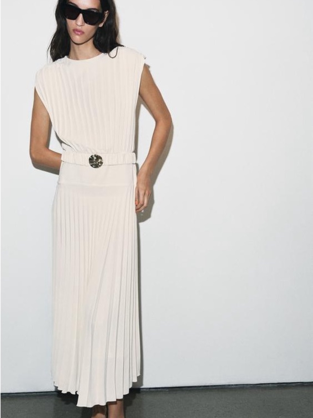 Zara Cream Pleated Maxi Dress with Decorative Belt